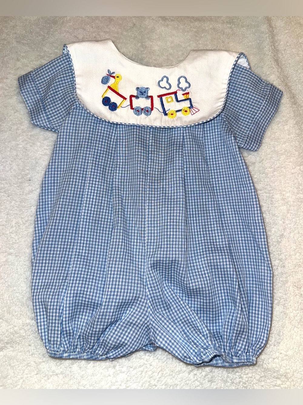 Alexis brand blue gingham bubble romper w/embroidered train details, size 3-6 mo